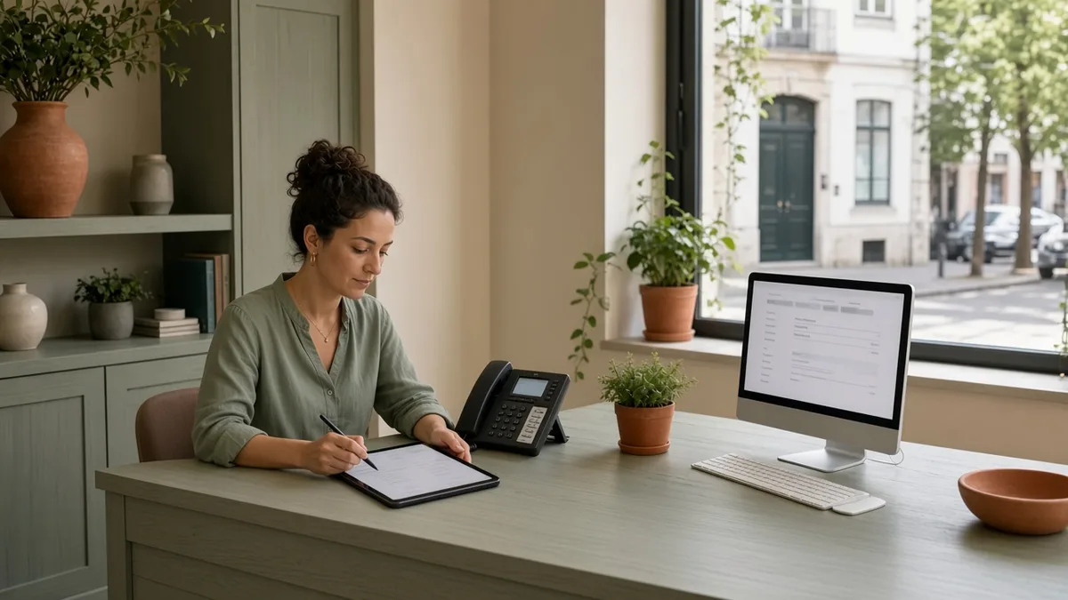 Coordinator updating a dental directory profile on a tablet at the front desk