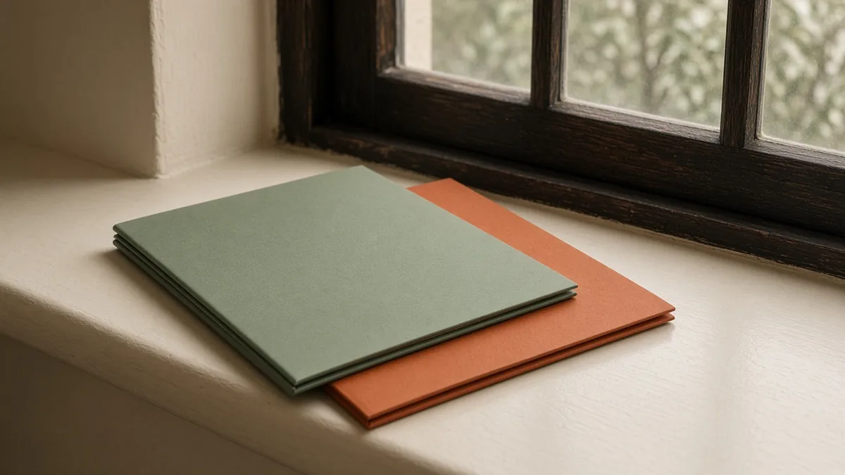 Sage and terracotta folders on a hallway window ledge