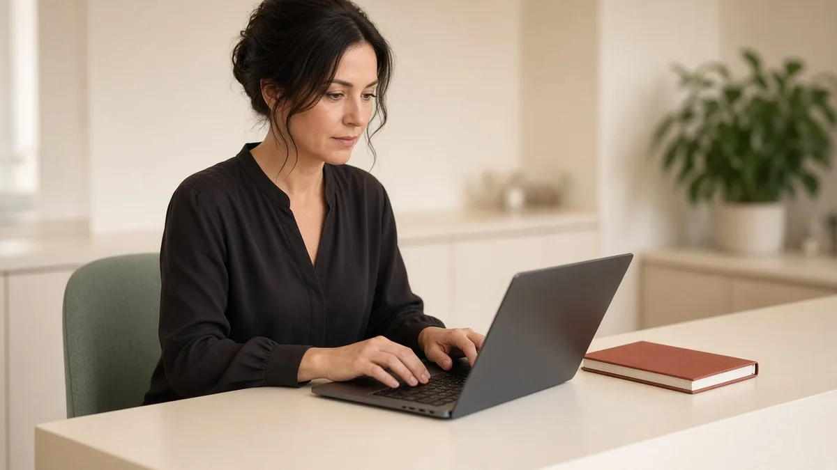 Practice manager writing a public reply to a Google review at the front desk
