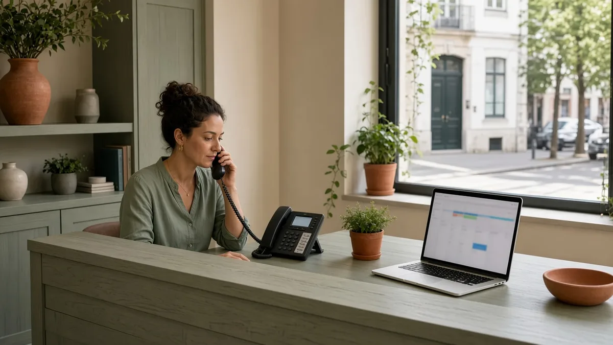 Dental hygienist and coordinator booking the next hygiene visit at checkout
