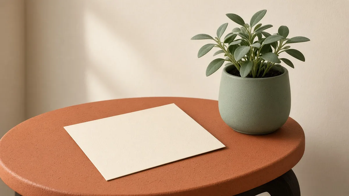 Blank card and a small plant on a terracotta side table
