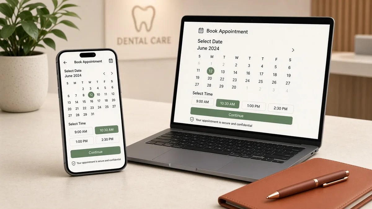 Patient booking a dental appointment on a phone at a reception desk with a laptop calendar
