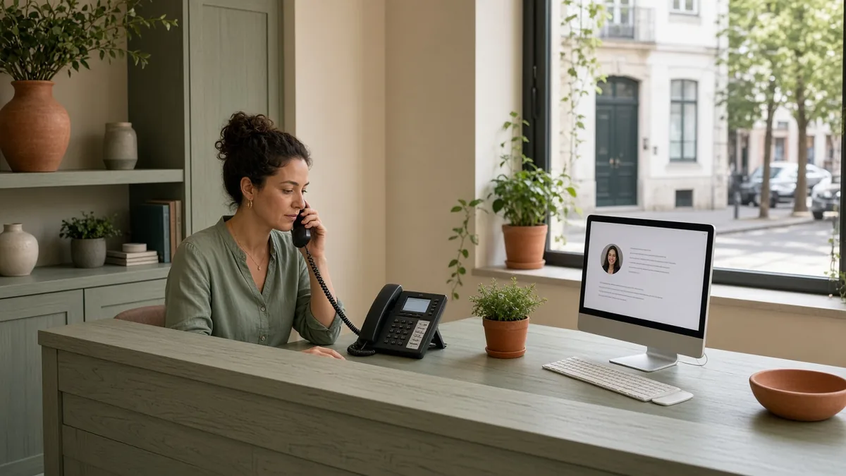Receptionist confirming a dental practice phone number, street address, and directory profile describe the same office
