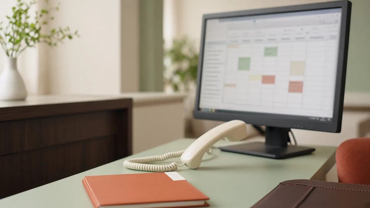 Front desk of a new dental practice booking a patient’s first visit beside an empty operatory