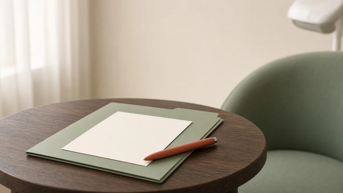 Referral folder and blank consult card on a consult-room table